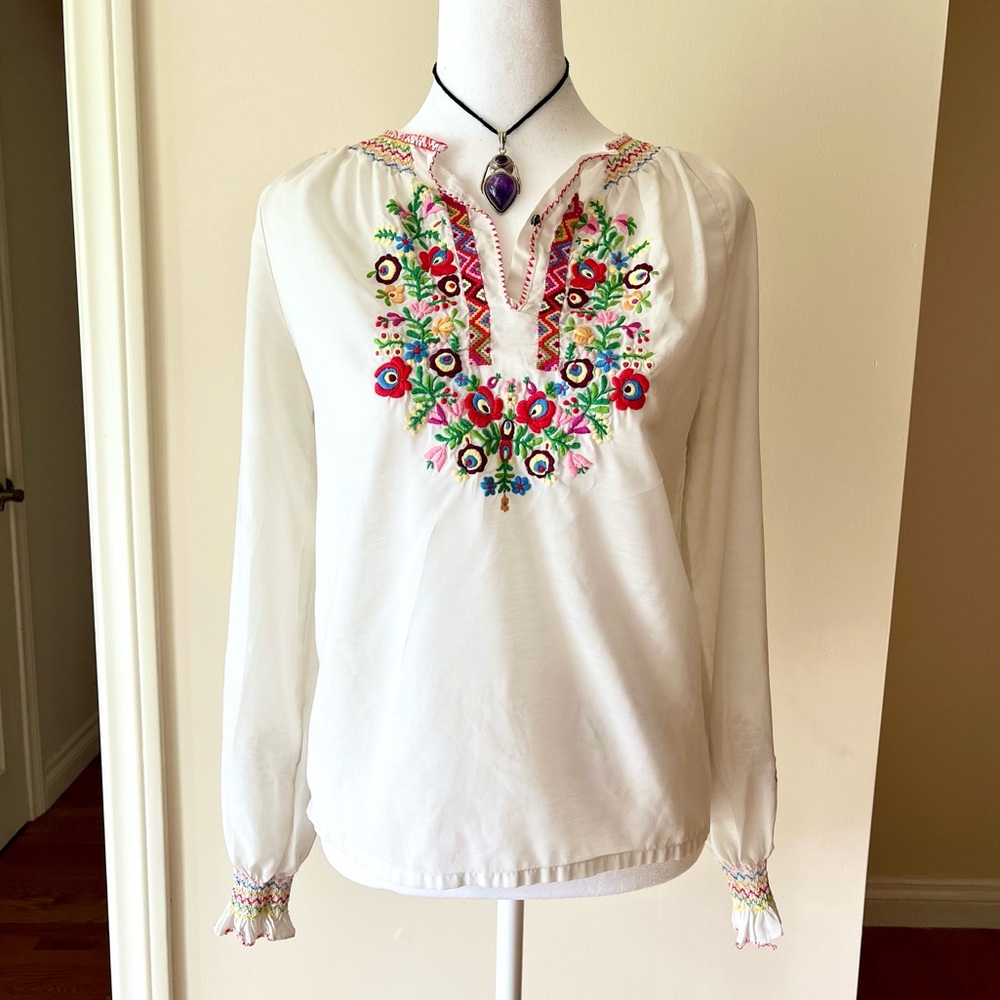Vintage 70s Folk Embroidered Peasant Blouse Boho Cottagecore Hungarian European